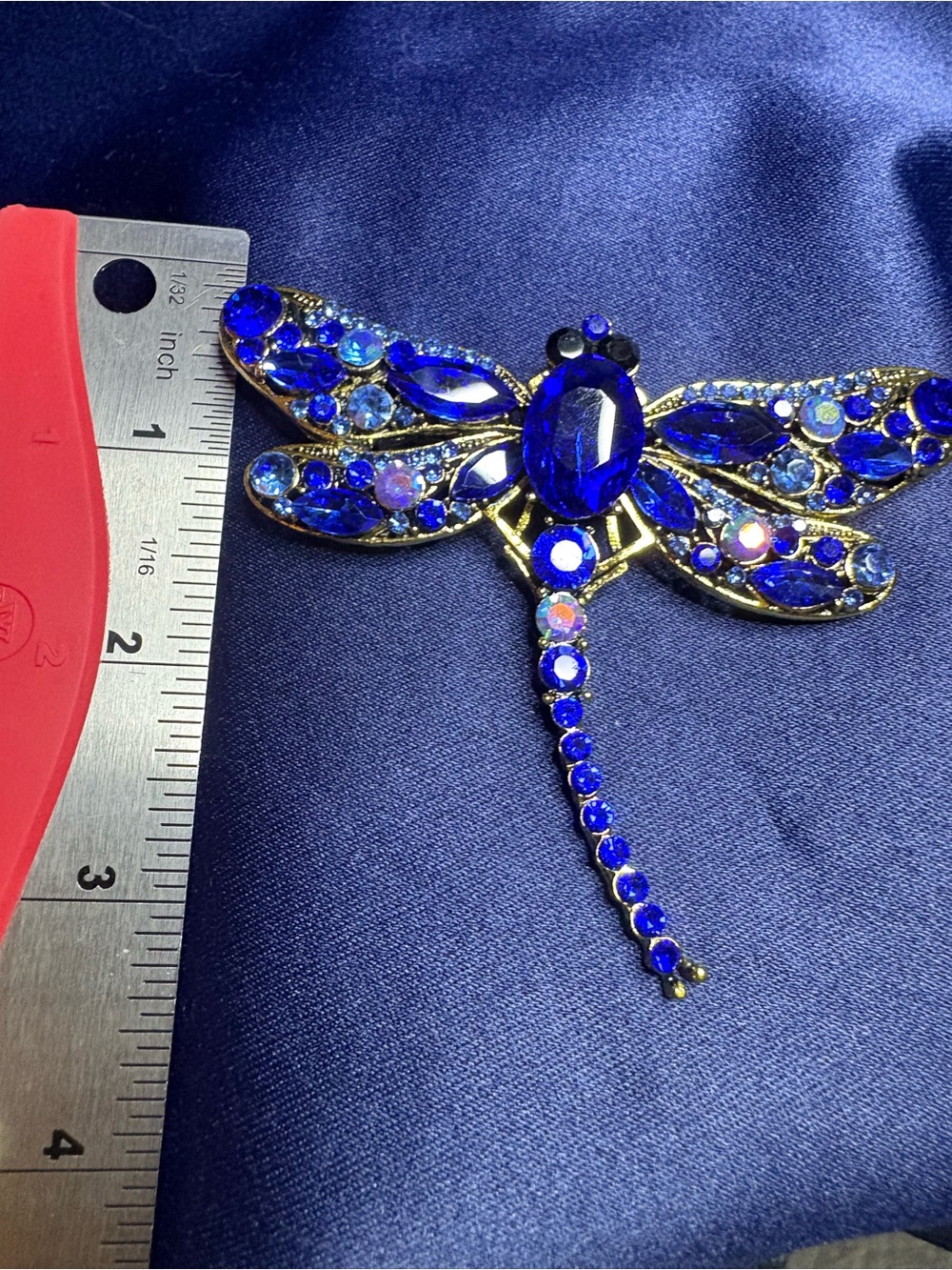 Brooch Dragon Fly Deep Royal Blue Tones Rhinestones Gold Setting Statement - Picture 5 of 8